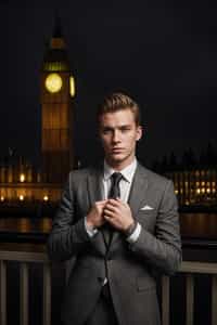 sharp and trendy man in London wearing a checkered suit, Big Ben in the background