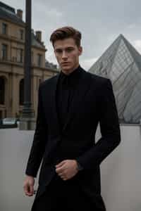 sharp and trendy man in Paris wearing a chic black dress/suit, Louvre pyramid in the background