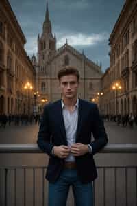 sharp and trendy man in Milan wearing a fashionable blazer and jeans, Duomo di Milano in the background