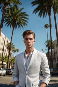 sharp and trendy man in Los Angeles wearing a summer dress/linen suit, palm trees in the background