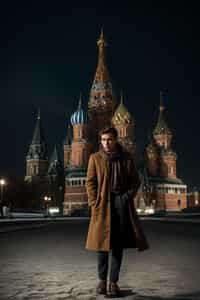 sharp and trendy man in Moscow wearing a stylish coat and scarf, Saint Basil's Cathedral in the background