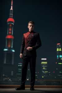 sharp and trendy man in Shanghai wearing a traditional qipao/mandarin-collar suit, modern skyline in the background