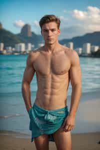 sharp and trendy man in Rio de Janeiro wearing a trendy swimsuit and sarong, Copacabana Beach in the background