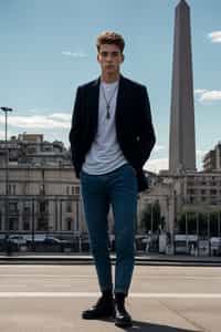 sharp and trendy man in Buenos Aires wearing a modern street style outfit, Obelisco de Buenos Aires in the background