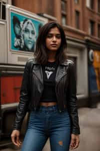 stylish and chic  woman in New York City wearing a leather jacket, jeans, and boots with urban graffiti in the background