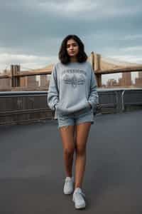 stylish and chic  woman in New York City wearing an oversized sweatshirt and high top sneakers, Brooklyn Bridge in the background