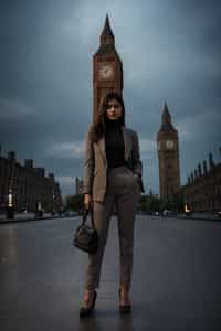 stylish and chic  woman in London wearing a checkered suit, Big Ben in the background