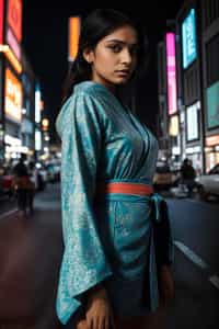 stylish and chic  woman in Tokyo wearing a modern take on a traditional kimono, neon lights of the city in the background