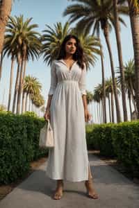stylish and chic  woman in Los Angeles wearing a summer dress/linen suit, palm trees in the background
