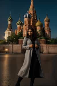 stylish and chic  woman in Moscow wearing a stylish coat and scarf, Saint Basil's Cathedral in the background