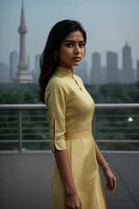 stylish and chic  woman in Shanghai wearing a traditional qipao/mandarin-collar suit, modern skyline in the background