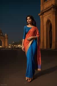 stylish and chic  woman in Mumbai wearing a vibrant saree/kurta, Gateway of India in the background