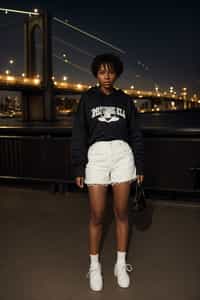 stylish and chic  woman in New York City wearing an oversized sweatshirt and high top sneakers, Brooklyn Bridge in the background