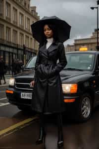 stylish and chic  woman in London sporting a trench coat and holding an umbrella, iconic London cab in the background