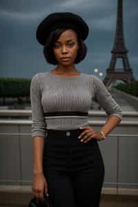 stylish and chic  woman in Paris, wearing a beret and striped top, Eiffel Tower in the background