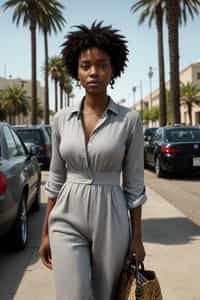 stylish and chic  woman in Los Angeles wearing a summer dress/linen suit, palm trees in the background