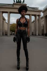 stylish and chic  woman in Berlin wearing a punk-inspired outfit, Brandenburg Gate in the background