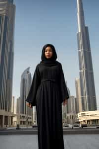 stylish and chic  woman in Dubai wearing a modern, chic abaya/thobe, skyscrapers of Dubai in the background