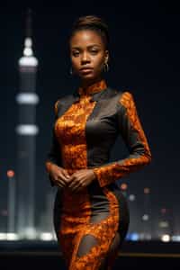 stylish and chic  woman in Shanghai wearing a traditional qipao/mandarin-collar suit, modern skyline in the background