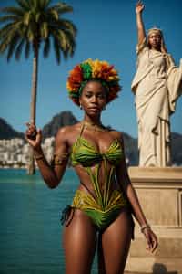 stylish and chic  woman in Rio de Janeiro wearing a vibrant carnival-inspired costume, Christ the Redeemer statue in the background