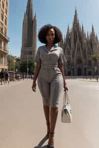 stylish and chic  woman in Barcelona wearing a stylish summer outfit, La Sagrada Família in the background