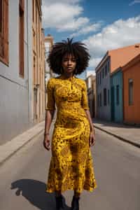 stylish and chic  woman in Buenos Aires wearing a tango-inspired dress/suit, colorful houses of La Boca neighborhood in the background
