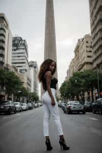 stylish and chic  woman in Buenos Aires wearing a modern street style outfit, Obelisco de Buenos Aires in the background
