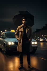 sharp and trendy man in London sporting a trench coat and holding an umbrella, iconic London cab in the background