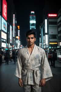 sharp and trendy man in Tokyo wearing a modern take on a traditional kimono, neon lights of the city in the background