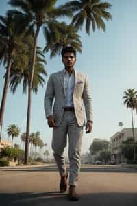 sharp and trendy man in Los Angeles wearing a summer dress/linen suit, palm trees in the background