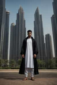 sharp and trendy man in Dubai wearing a modern, chic abaya/thobe, skyscrapers of Dubai in the background