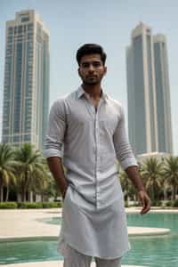 sharp and trendy man in Dubai wearing a stylish sundress/linen shirt, the Atlantis hotel in the background