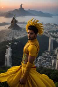 sharp and trendy man in Rio de Janeiro wearing a vibrant carnival-inspired costume, Christ the Redeemer statue in the background