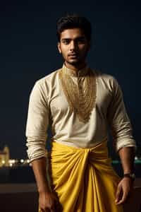 sharp and trendy man in Mumbai wearing a vibrant saree/kurta, Gateway of India in the background