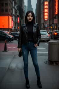 stylish and chic  woman in New York City wearing a leather jacket, jeans, and boots with urban graffiti in the background