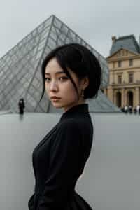 stylish and chic  woman in Paris wearing a chic black dress/suit, Louvre pyramid in the background