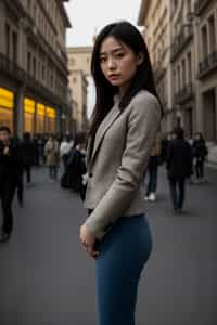 stylish and chic  woman in Milan wearing a fashionable blazer and jeans, Duomo di Milano in the background