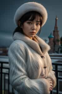 stylish and chic  woman in Moscow wearing a faux fur coat, Kremlin in the background