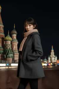 stylish and chic  woman in Moscow wearing a stylish coat and scarf, Saint Basil's Cathedral in the background