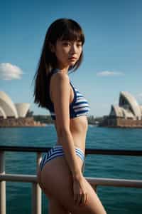 stylish and chic  woman in Sydney wearing a surf-inspired outfit, Sydney Opera House in the background