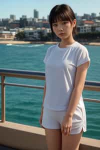 stylish and chic  woman in Sydney wearing a summer dress/shorts and t-shirt, Bondi Beach in the background