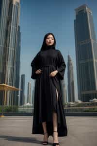 stylish and chic  woman in Dubai wearing a modern, chic abaya/thobe, skyscrapers of Dubai in the background