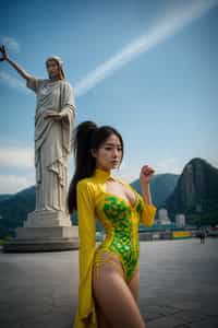 stylish and chic  woman in Rio de Janeiro wearing a vibrant carnival-inspired costume, Christ the Redeemer statue in the background
