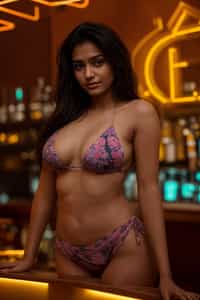 smiling woman with hourglass figure,  in floral silk bikini  at cocktail bar with neon lights