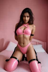 woman in a pink pvc latex bikini sitting on a bed, heaven pink, hot pink, pink body harness, pink body, pink and black, hot pink and black, olivia kemp, pink background, pink, skye meaker, ellie victoria gale, 🤬 🤮 💕 🎀, casey cooke, posing in a bedroom, laica chrose, wearing a pink head band
