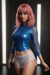 lingerie woman pvc latex masterpiece, best quality, (photorealism), reflections, lingerie, extremely detailed, extremely detailed CG unity 8k wallpaper, cinematic lighting, detailed background, lingerie, 1girl, solo, medium hair, (pink hair), shirt, skirt, detailed clothes, blue skirt, blue shirt, detached sleeves, white shirt, bangs, (blue eyes, detailed eyes), choker, ribbon earrings, detached sleeves, lookng at the viewer, from below,, wait, bedroom