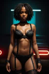 woman wearing (sexy nightlife lingerie club outfit mad max suspenders) with (black suspenders garters) in night club neon lights