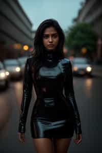 a woman wearing sexy (pvc latex mini dress) standing in street