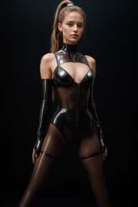 woman wearing (Smoky Black transparent Latex top), (Smoky Black transparent Latex stockings), (Smoky Black transparent Latex high waist panties) and (transparent high heels). hair in a tight ponytail.
