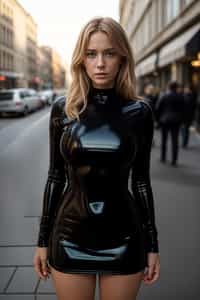 a woman wearing sexy (pvc latex mini dress) standing in street